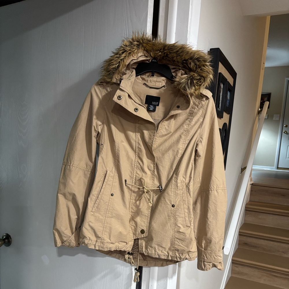a.n.a Women's Beige Utility Jacket with Faux Fur Trim